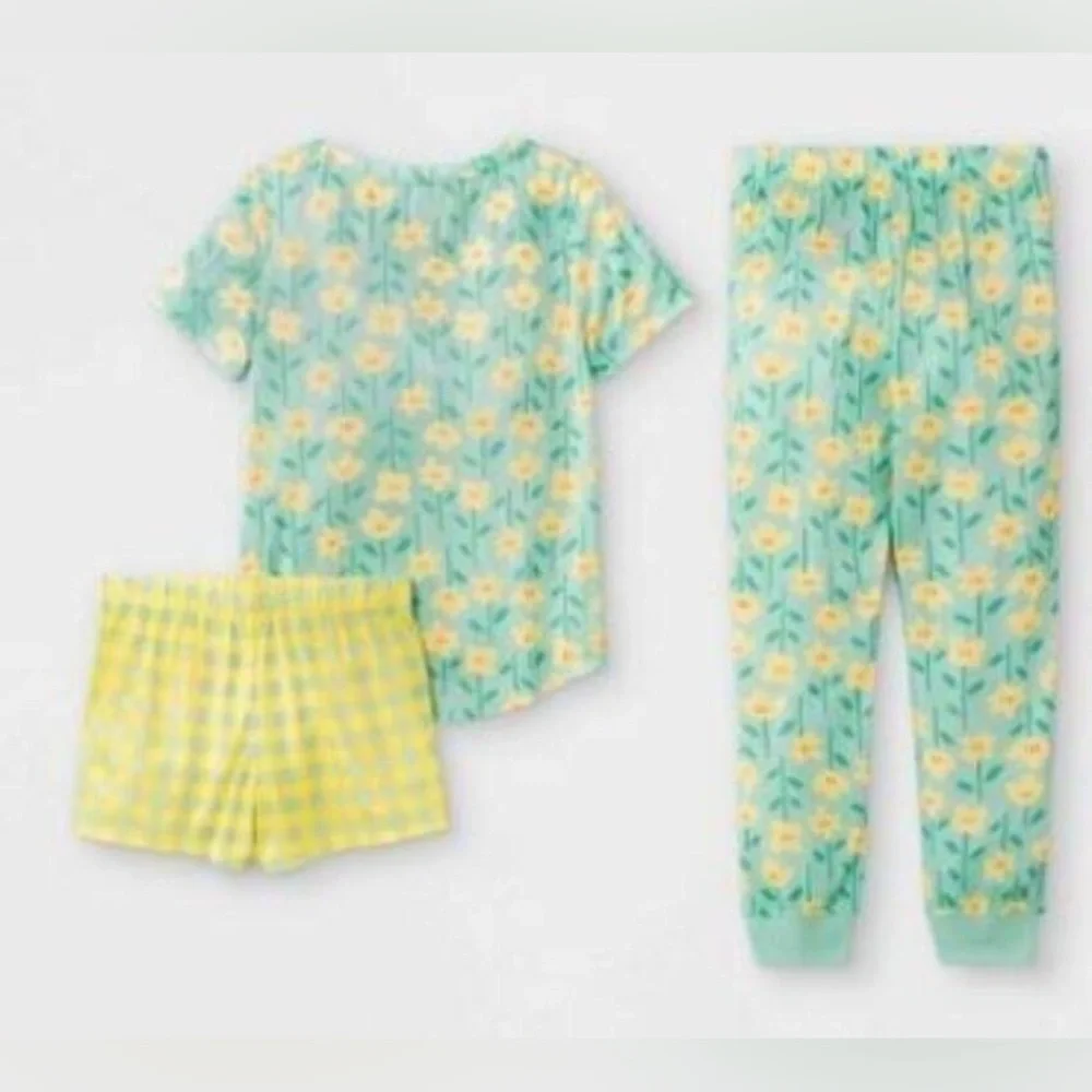 Cat & Jack Girls 3pc Pajama Set Floral Checkered Mint Yellow NWT Size 10/12